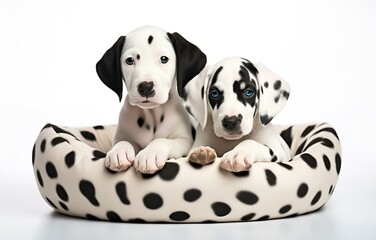 Two Dalmatian puppies in pet bed on white background for pet vet care card design