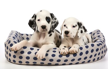 Two Dalmatian puppies in pet bed on white background for pet vet care card design
