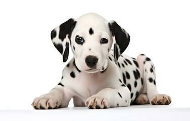 Dalmatian puppy lying on white background for pet vet care card design
