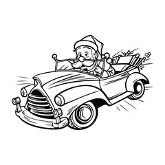 Santa is riding a car and is holding presents,  children's book illustrations coloring page for kids