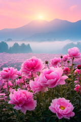 A field of pink peony flowers with foggy mountains on the background. Generative AI