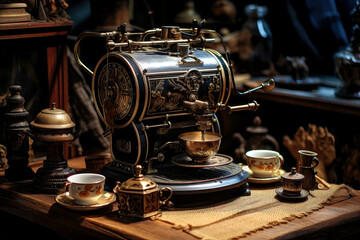 Fototapeta na wymiar old gourmet coffee machine, steampunk style, generative ai