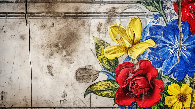 Flower arrangement on an old wooden background with shabby and cracked paint close-up with copy space. Greeting card base design. Floral banner, poster, background.