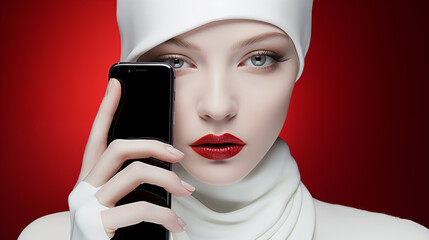 woman, with porcelain ski and white clothes and veil, with red lips and red background showing a smartphone