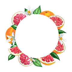 Watercolor frame of red oranges, flowers and leaves hand-painted in botanical style, for use in holiday, wedding and food design. citrus tropical