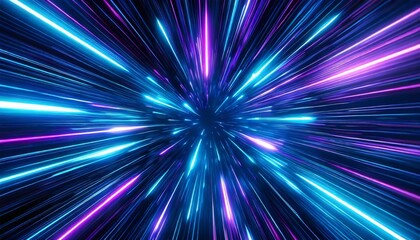 Abstract background in blue and purple neon glow colors on black. Speed of light in galaxy background