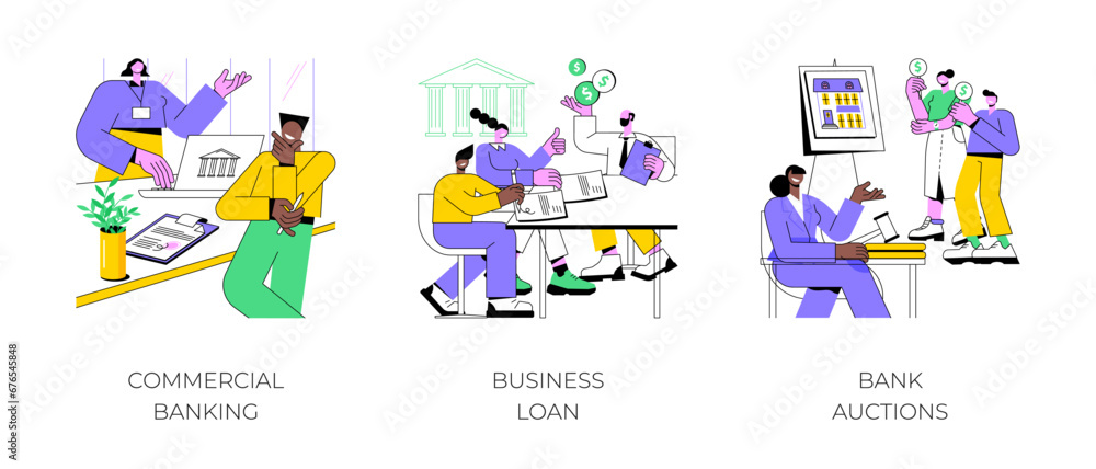 Wall mural Bank services for business isolated cartoon vector illustrations set. Commercial banking, business loan, bank auctions, money investment, property for sale, loan and credit services vector cartoon.