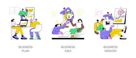 Business development isolated cartoon vector illustrations set. Diverse people discussing business plan, brainstorm startup idea, create company vision, entrepreneur develop mission vector cartoon.