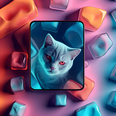 Smartphone, or tablet, with new futuristic pastel colorful background and turquoise blue cat  with orange eyes on screen	.