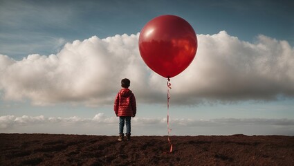 Kid standing and looking in a distance. With balloon floating behind him. Childhood exploration concept. Growing and learning idea. With copy space. 