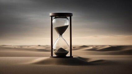 Sandglass in a desert. Sands of time and time passing by idea. Minimal abstract life or business concept. With copy space.