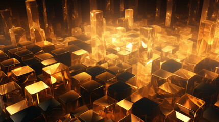 Golden crystals and glass cubes wallpaper with abstract 3D light shine. Luxurious gold crystals background.