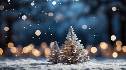Fototapeta na wymiar Christmas tree decorated in snowy winter landscape with bright balls stars glowing and blur background AI generated 