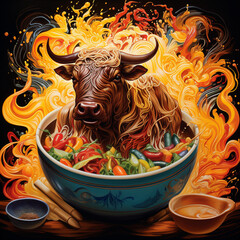 A bull is vigorously pulling noodles, with a bowl of beef noodles in front of it. The colors red and yellow created with Generative Ai