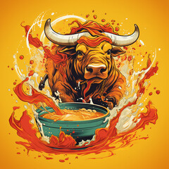 A bull is vigorously pulling noodles, with a bowl of beef noodles in front of it. The colors red and yellow created with Generative Ai