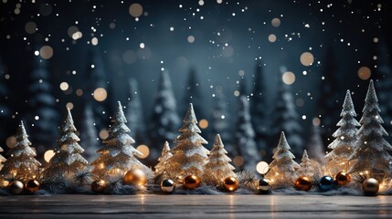 Fototapeta na wymiar Christmas tree decorated in snowy winter landscape with bright balls stars glowing and blur background AI generated 