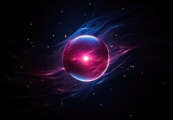 Glowing sphere with blue and pink particles on a black background.