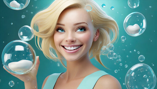 Healthy gums and teeth with fluoride Liquid Bubble Protect and Cleaning. hygiene and Dental concept, 3d rendering.
