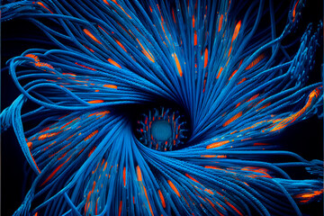 Optical fibers and internet cables background for futuristic