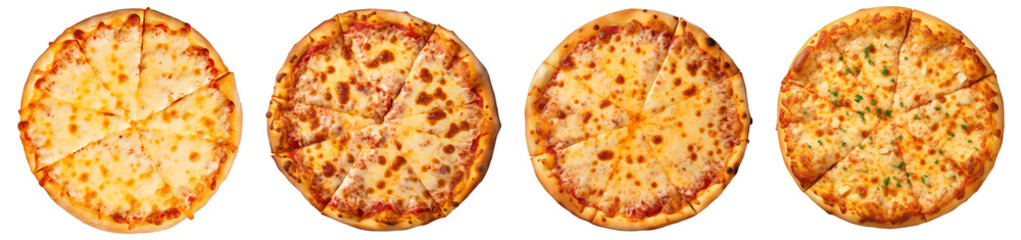 Top down view of cheese neapolitan and margherita pizzas on a transparent background