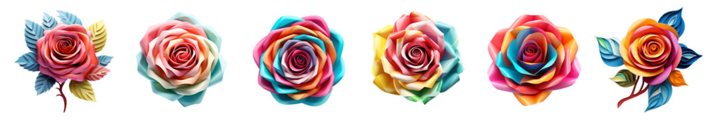 Set of colorful 3d render rose blossom, isolated beautiful flowers illustration on transparent background. Generative AI - obrazy, fototapety, plakaty