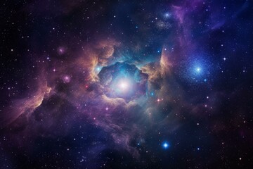 Naklejka na ściany i meble Cosmic spectacle: symphony of deep space with distant galaxies and luminous nebulae in vibrant blues and purples. Generative AI