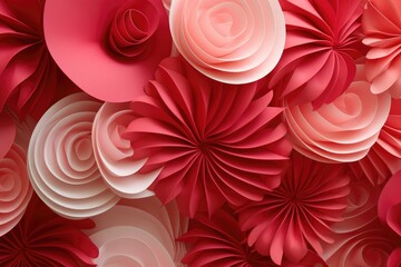 Abstract background with red and white paper flowers. 3d render illustration