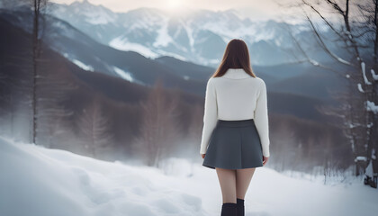 women in skirt, back side in winter with snow on mountain. generative AI - obrazy, fototapety, plakaty