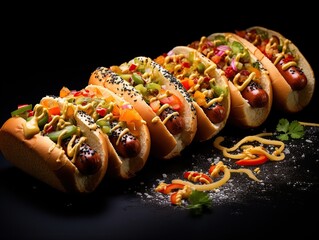 food photography of gourmet hotdogs