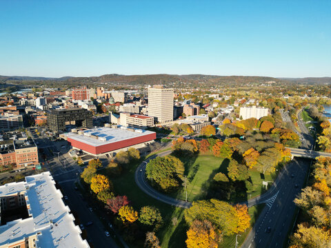 view of state office building in downtown bighamton new york (southern tier, small town usa) aerial view from above