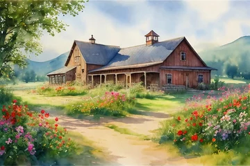 Küchenrückwand glas motiv Illustration of a house in countryside. Rural watercolor landscape. © Ivan