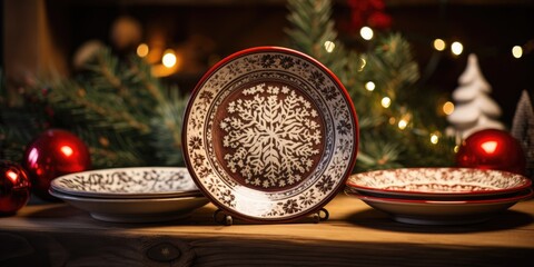 Fototapeta premium Beautiful red plates with a Christmas pattern, New Year's table decoration, Generative AI