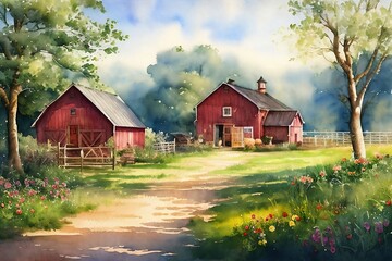 Obraz premium Illustration of a house in countryside. Rural watercolor landscape.
