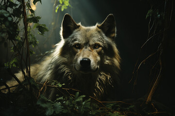 Fototapeta premium Photo of a wolf against the light, in a forest, at night, only lit by the full moon created with Generative Ai