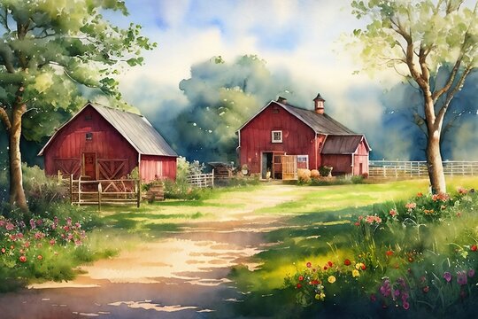 Illustration of a house in countryside. Rural watercolor landscape.