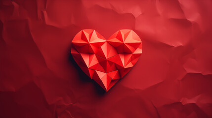 Red Geometric Origami 3d Heart On Red Paper Background. Beautiful Polygon Heart For Saint Valentine's Day. Love, Romance For February 14. Ai Generated. Horizontal Plane.