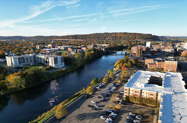 view of chenango river in downtown bighamton new york (southern tier, small town usa) aerial view...