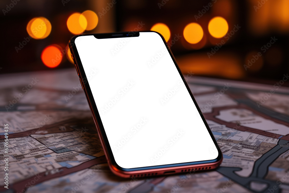 Aufkleber a smartphone with blank screen and navigation directions. concept of modern technology and travel. g