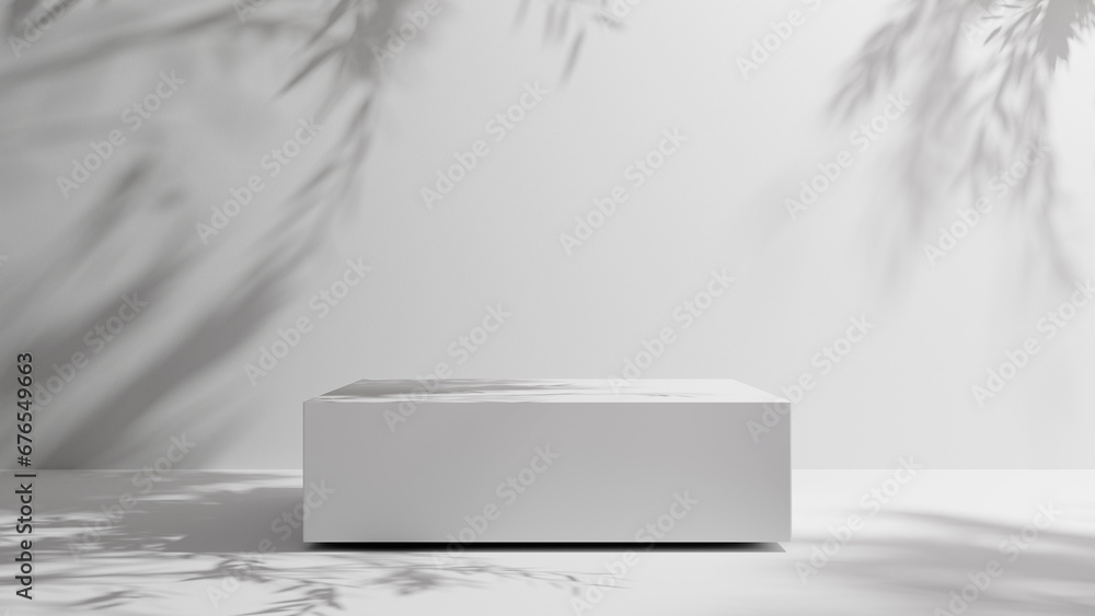 Aufkleber White podium stage platform and white empty wall backdrop for design and product placement, empty illuminated podium background and leafs shadows, abstract minimal white background