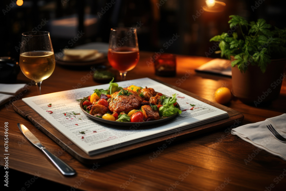 Poster a restaurant menu design mock-up on a wooden table. concept of menu planning and design. generative 
