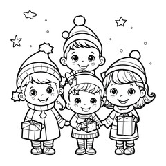 cute children celebrating Christmas, children's book illustrations coloring page for kids