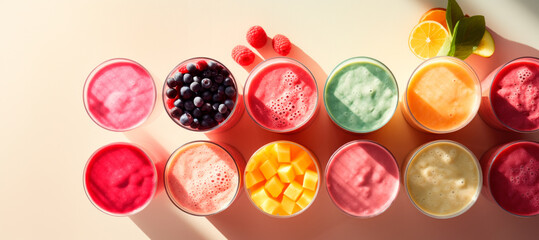 A lot of different colored smoothies in tall glasses with leaves on them, top view of puree texture - obrazy, fototapety, plakaty