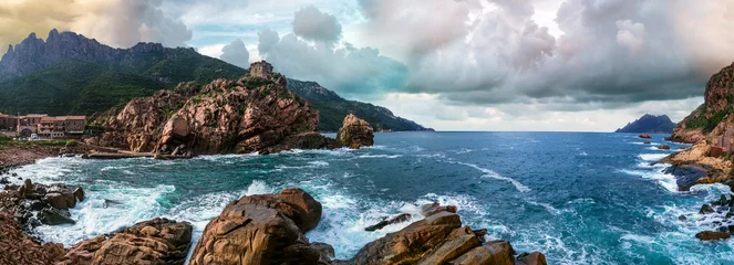 Fotobehang Corsica island beaches and nature scenery. Tower of Portu - historic Genoese tower and beach in village Ota in west of the island. France. © Freesurf