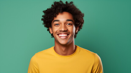 Fototapeta na wymiar a young diverse presenter smiling in front of a bright solid colored background