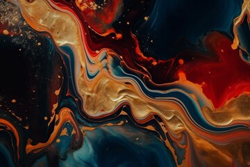 Abstract art with red and blue swirls, agate ripples, beautiful natural background, and golden glitter. Generative AI - obrazy, fototapety, plakaty