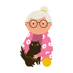 Vector illustration of retired, senior woman with knitting embracing black cat