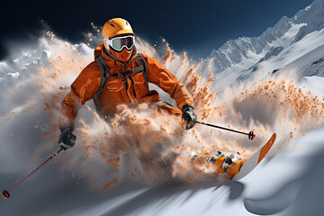 Young male snowboarder riding from the top of the snowy hill with snowboard at ski resort. Ski season and winter sports concept. Man in ski suit at ski resort. freeride - obrazy, fototapety, plakaty