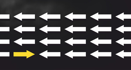 Yellow arrow changing direction, think differently concept, 3D rendering