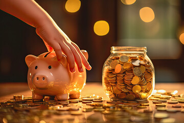 illustration of a child hand with a pink piggy bank and a jar full of coins