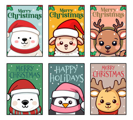 Merry Christmas Greeting Cards and Posters for Kids: Highlighting a Set Collection of Christmas Animals with Santa Hats - Deer, Penguin, Sheep, Reindeer, Polar Bear